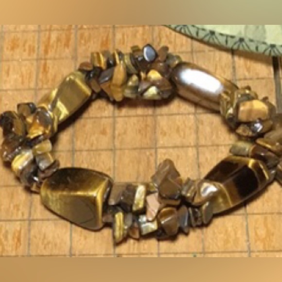 Tigers Eye Geometric Stone Bracelet 7” Elastic EVC - Picture 2 of 4